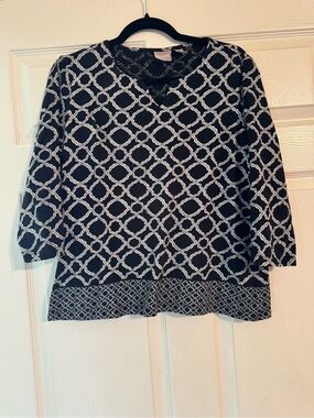 Chico's Black Top Size 1 with White Geometric Pattern